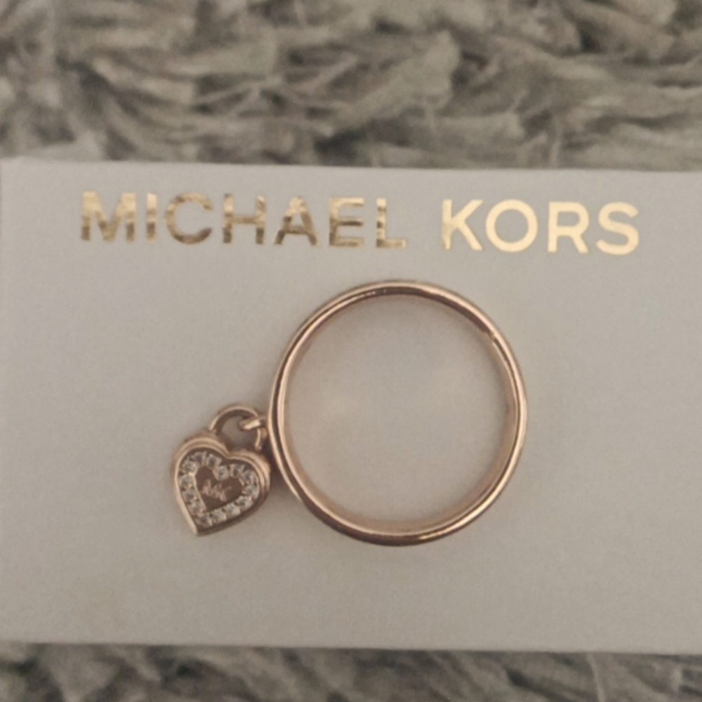 Michael kors mk rose gold tone, stainless steel charm ring with diamond accent